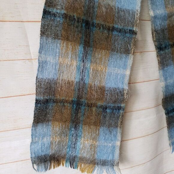 Strathtay Originals Wool Mohair Plaid Fringe Scarf Made in Scotland Brown Blue - Picture 2 of 5